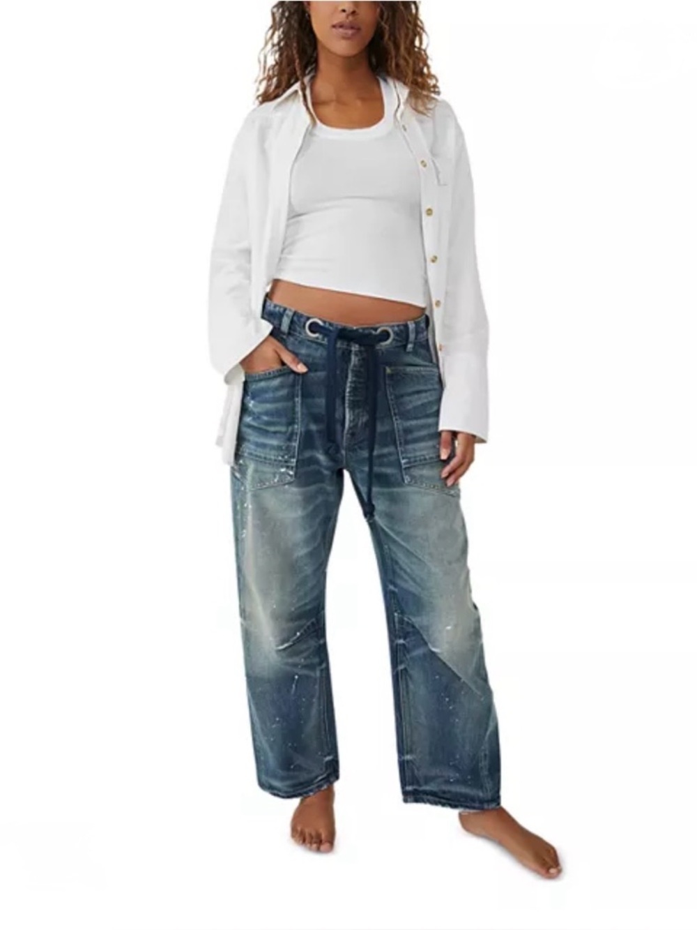 Free People Moxie Barrel Jeans Pant Low Slung Paint Splatter